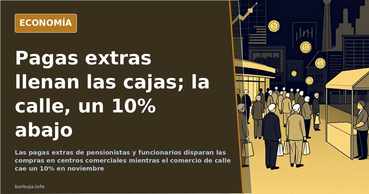 Compradores con bolsas junto a un centro comercial navideño, imagen del consumo navideño frente al comercio de calle que cae