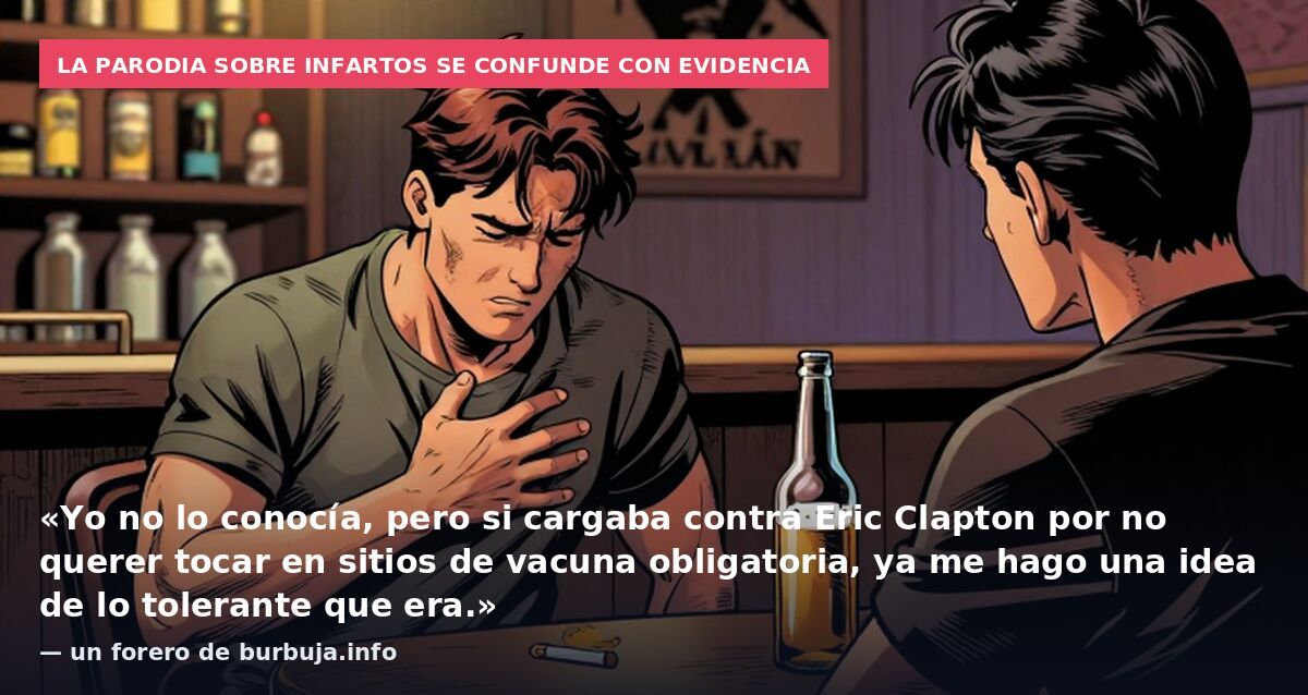 La parodia sobre infartos se confunde con evidencia: «Yo no lo conocía, pero si cargaba contra Eric Clapton por no querer tocar en sitios de vacuna obligatoria, ya me hago una idea de lo tolerante que era.» — un forero de burbuja.info