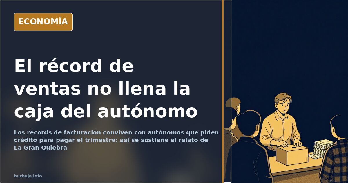 Pequeño comercio con la persiana a medio bajar y un autónomo revisando papeles fiscales sobre el mostrador