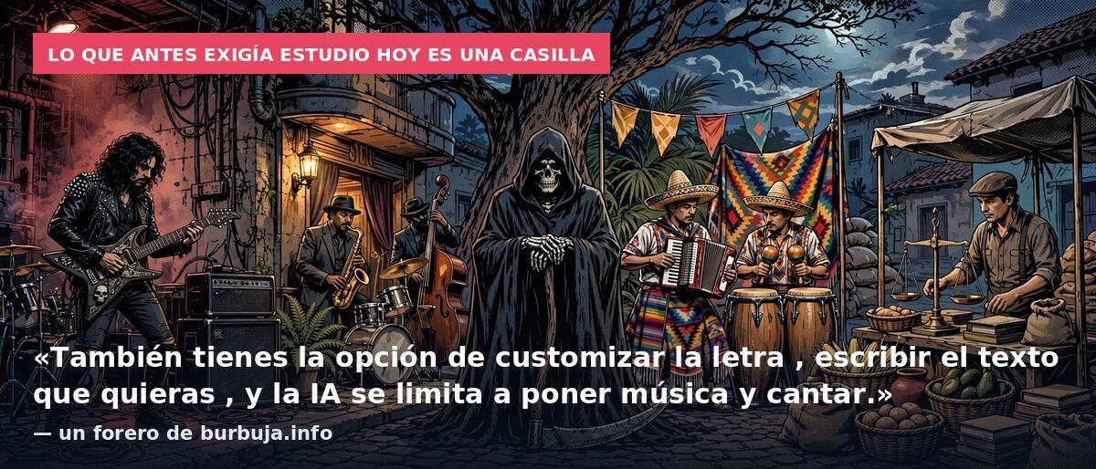 Lo que antes exigía estudio hoy es una casilla: «También tienes la opción de customizar la letra , escribir el texto que quieras , y la IA se limita a poner música y cantar.» — un forero de burbuja.info