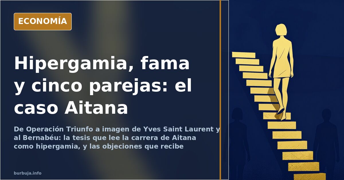 Ilustración editorial en azul y oro con una figura joven subiendo escalones, metáfora de la hipergamia y el ascenso social