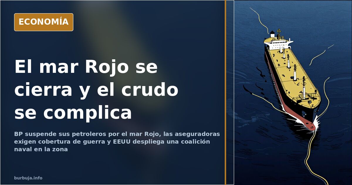 Buque petrolero navegando en aguas estrechas del mar Rojo bajo vigilancia naval, con rutas comerciales marcadas en un mapa