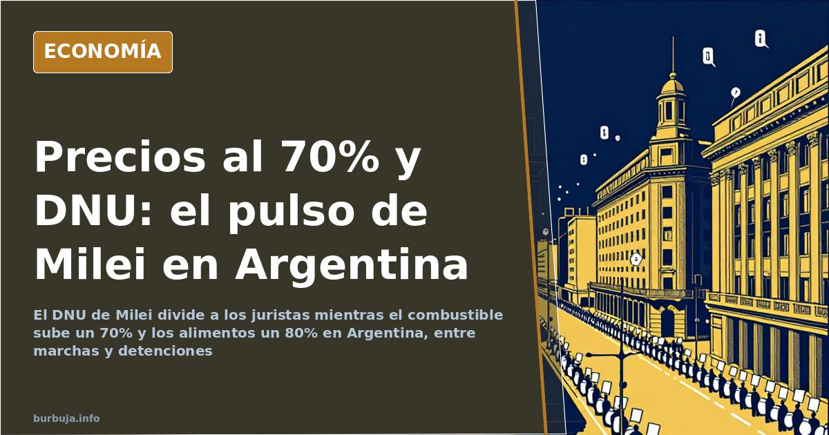 Ilustración editorial de una calle de Buenos Aires con etiquetas de precios al alza y una multitud ordenada frente a un edifi
