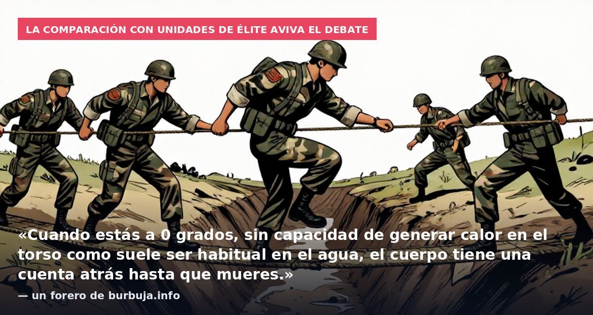 La comparación con unidades de élite aviva el debate: «Cuando estás a 0 grados, sin capacidad de generar calor en el torso como suele ser habitual en el agua, el cuerpo tiene una cuenta atrás hasta que mueres.» — un forero de burbuja.info