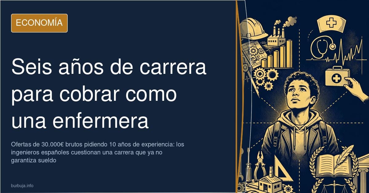 Ilustración editorial sobre el sueldo de los ingenieros en España: gráficos y herramientas técnicas junto a una nómina