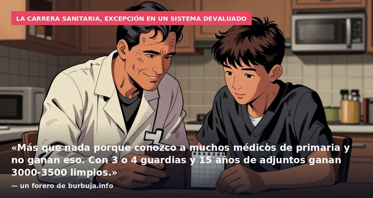 La carrera sanitaria, excepción en un sistema devaluado: «Más que nada porque conozco a muchos médicos de primaria y no ganan eso. Con 3 o 4 guardias y 15 años de adjuntos ganan 3000-3500 limpios.» — un forero de burbuja.info