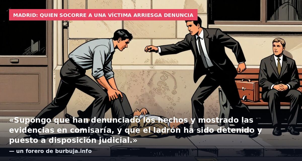 Madrid: quien socorre a una víctima arriesga denuncia: «Supongo que han denunciado los hechos y mostrado las evidencias en comisaría, y que el ladrón ha sido detenido y puesto a disposición judicial.» — un forero de burbuja.info