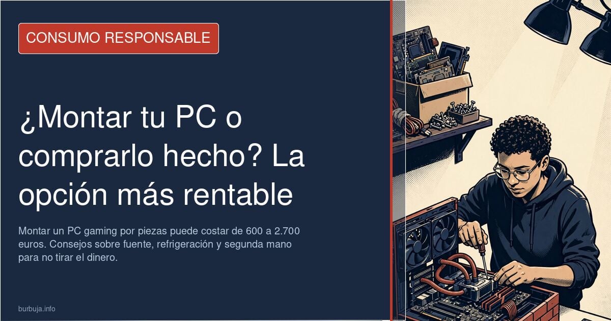 Configuración de PC gaming por piezas con componentes de gama alta: CPU, GPU, placa base y refrigeración líquida.