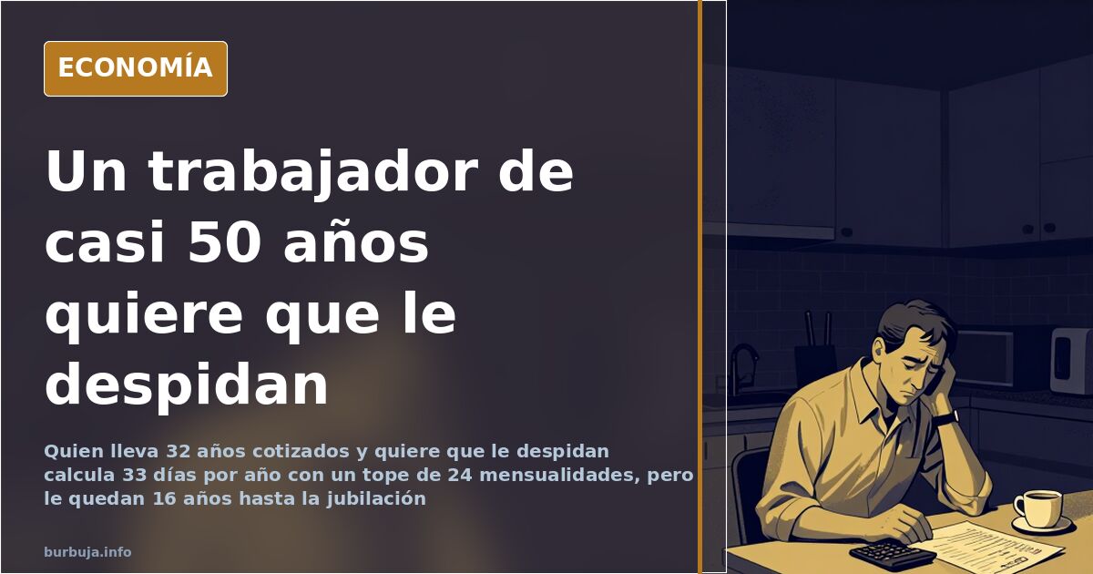 Ilustración editorial de un trabajador de mediana edad frente a una puerta de oficina con una calculadora de indemnización po