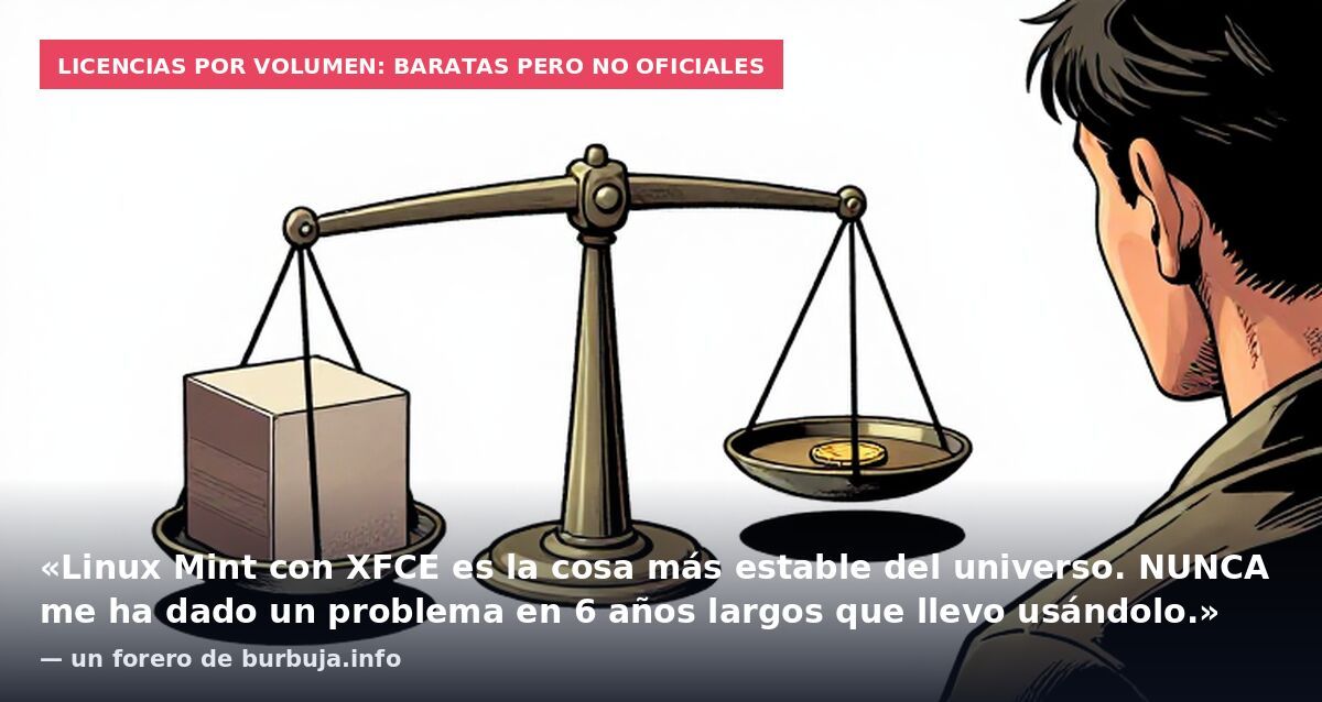 Licencias por volumen: baratas pero no oficiales: «Linux Mint con XFCE es la cosa más estable del universo. NUNCA me ha dado un problema en 6 años largos que llevo usándolo.» — un forero de burbuja.info