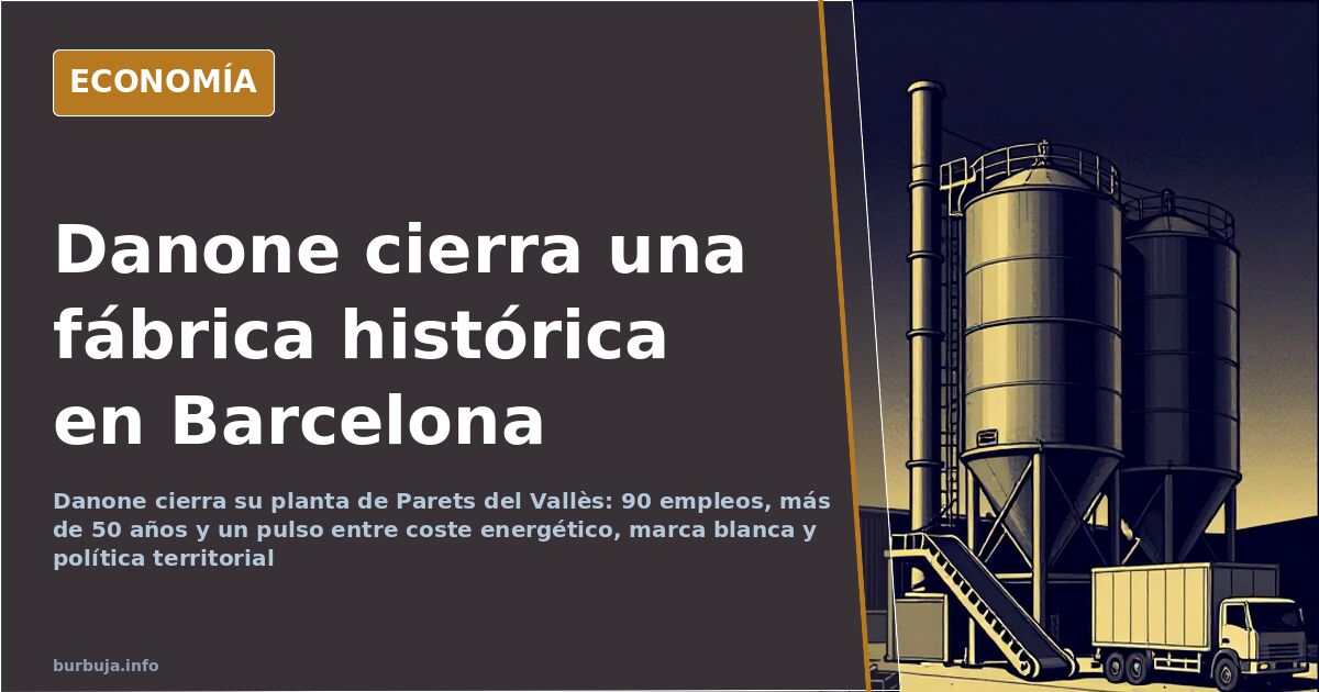 Ilustración editorial de una planta industrial con silos y camiones en un polígono, sobre el cierre de la fábrica de Danone