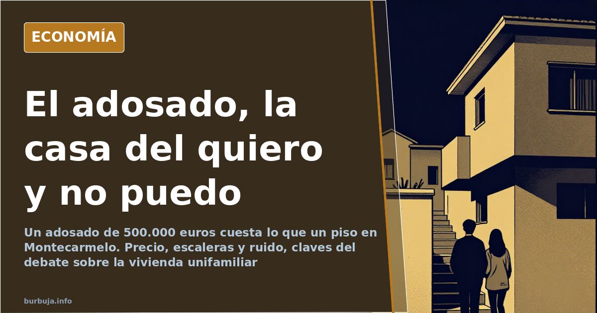 Ilustración editorial de una hilera de casas adosadas con jardines estrechos y un bloque de pisos al fondo