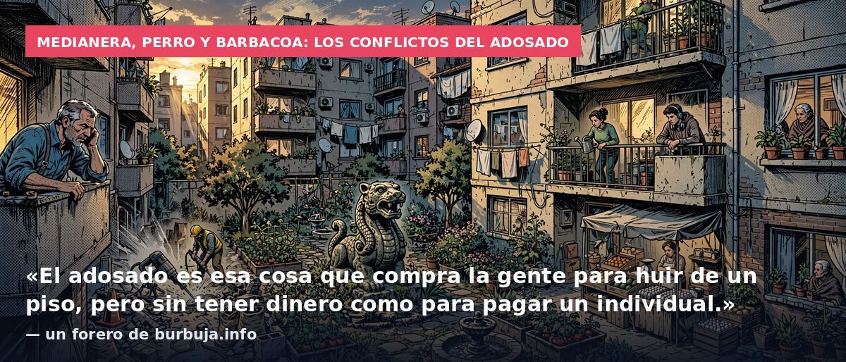 Medianera, perro y barbacoa: los conflictos del adosado: «El adosado es esa cosa que compra la gente para huir de un piso, pero sin tener dinero como para pagar un individual.» — un forero de burbuja.info