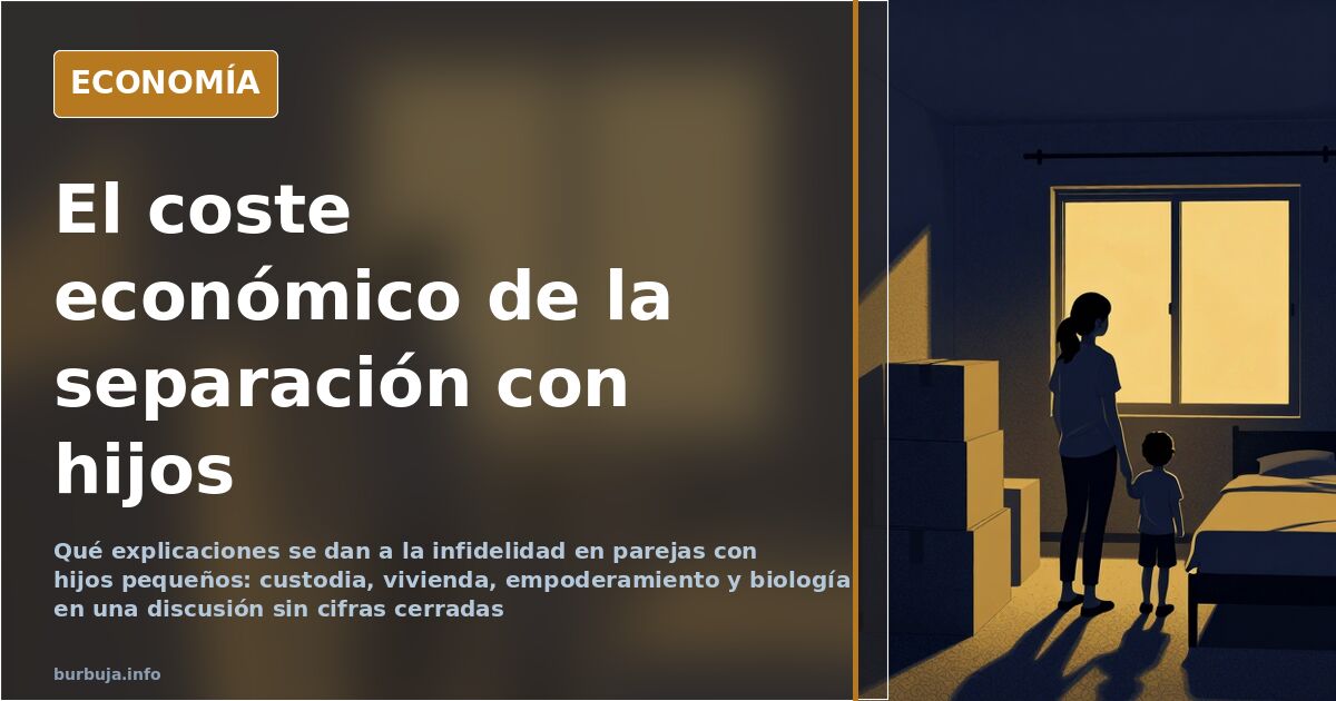 Ilustración editorial sobre la infidelidad en parejas con hijos pequeños: una maleta en el umbral y dos figuras distantes
