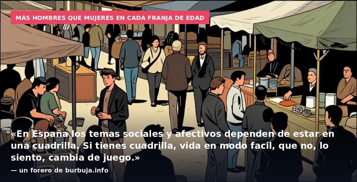 Más hombres que mujeres en cada franja de edad: «En España los temas sociales y afectivos dependen de estar en una cuadrilla. Si tienes cuadrilla, vida en modo facil, que no, lo siento, cambia de juego.» — un forero de burbuja.info