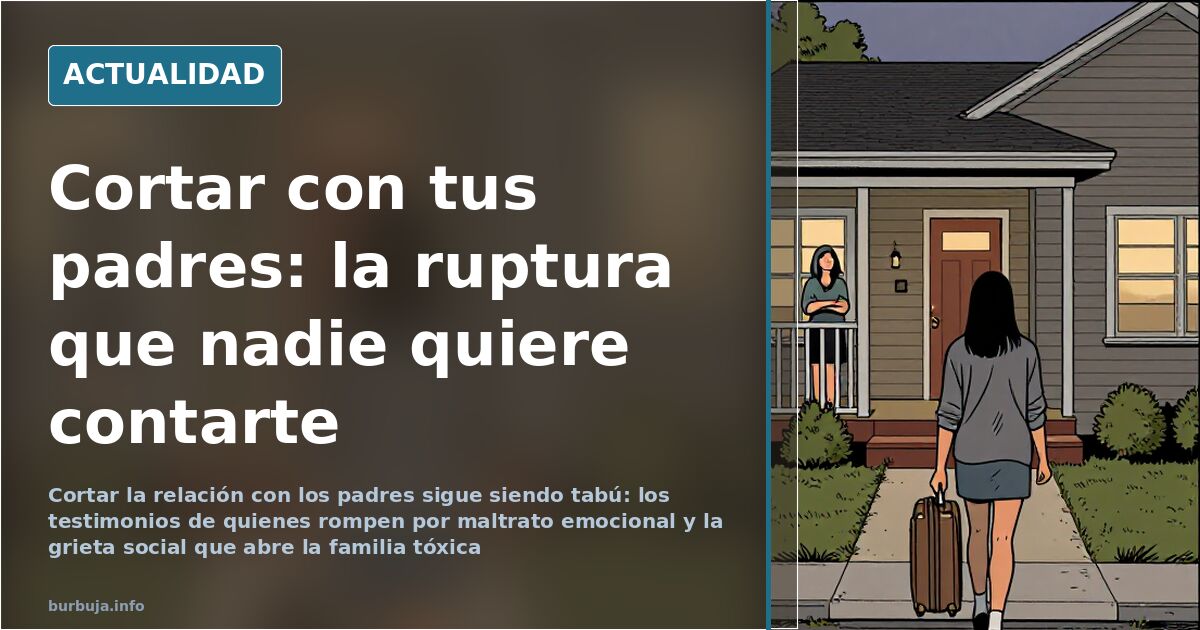 Dos adultos de espaldas ante la puerta cerrada de una casa familiar con luz de mediodía, ilustración editorial sobre cortar l