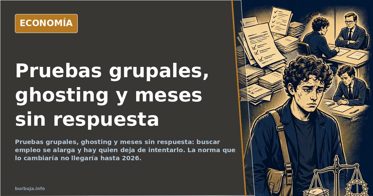 Candidatos alrededor de una mesa con folios boca abajo ante dos observadoras que toman notas durante una prueba de selección