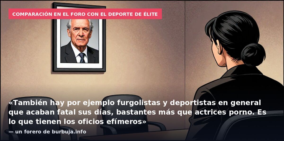 Comparación en el foro con el deporte de élite: «También hay por ejemplo furgolistas y deportistas en general que acaban fatal sus días, bastantes más que actrices porno. Es lo que tienen los oficios efímeros» — un forero de burbuja.info