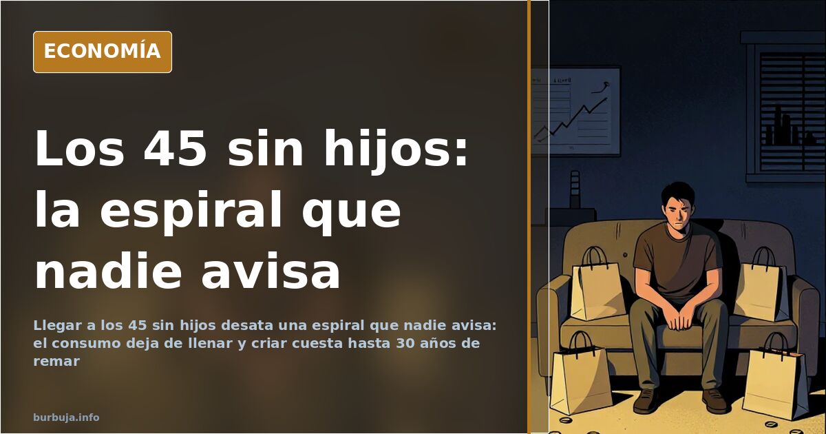 Hombre de mediana edad solo en un salón ante una pantalla apagada, metáfora de llegar a los 45 sin hijos