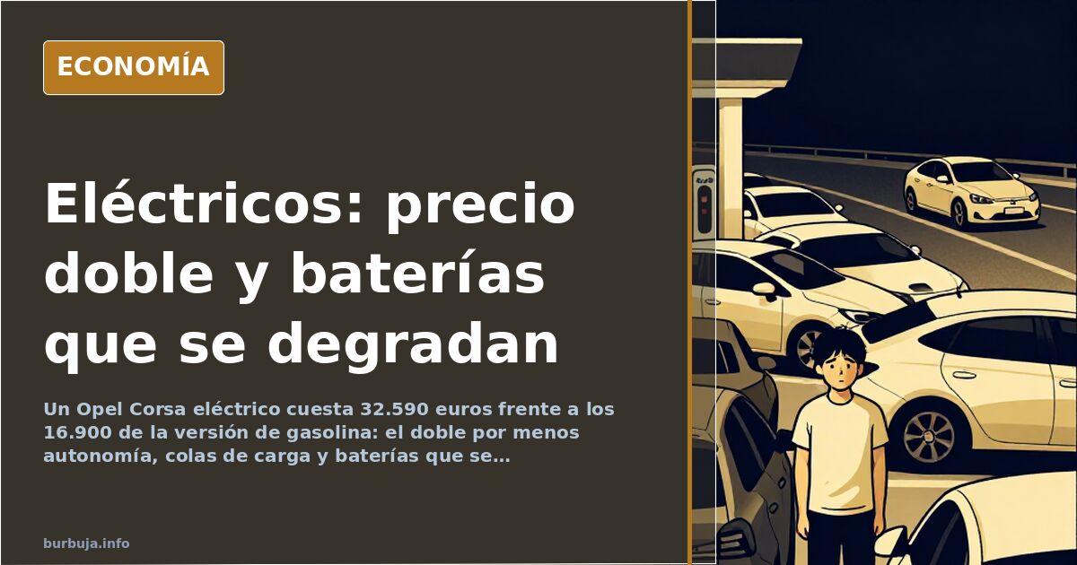 Ilustración editorial de un coche eléctrico enchufado junto a una batería desgastada, símbolo del debate sobre su precio y au