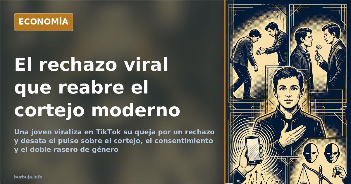 Ilustración editorial en azul marino y dorado: una joven mira el móvil mientras un chico se aleja tras un rechazo