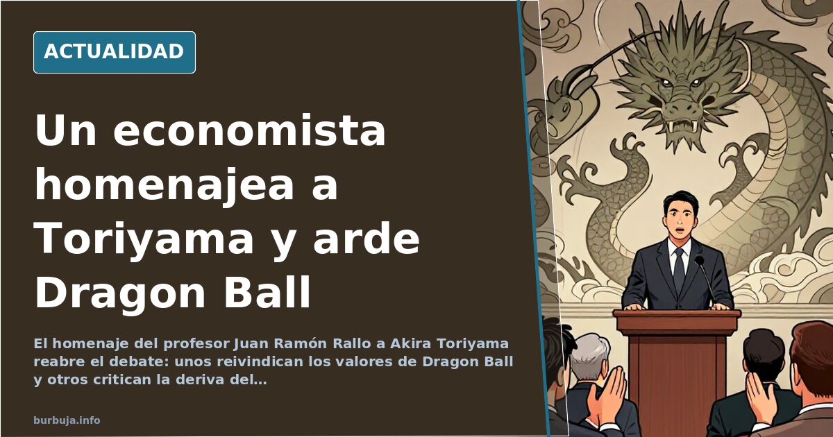 Ilustración editorial de un economista homenajeando a Akira Toriyama junto a la silueta de un guerrero de Dragon Ball