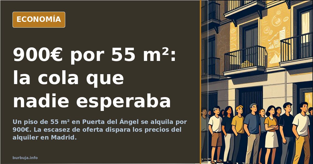 Ilustración editorial de un edificio de viviendas con un cartel de alquiler y una fila de candidatos esperando en la puerta
