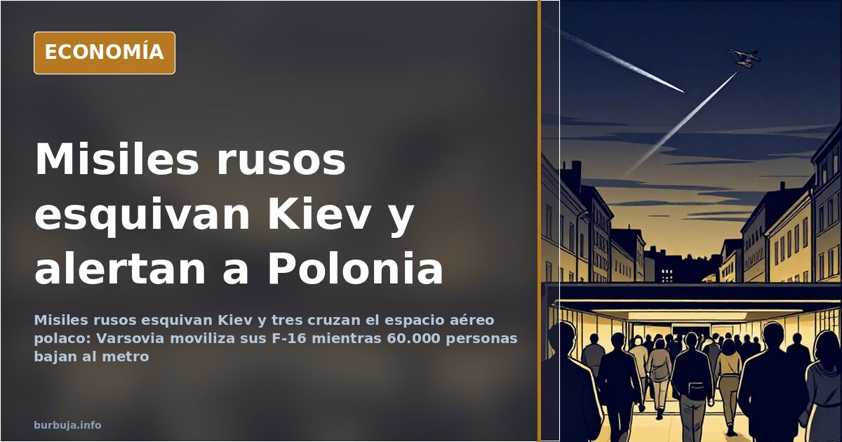 Vista nocturna de Kiev bajo alerta antiaérea con estelas de misiles y cazas F-16 patrullando cerca de la frontera polaca