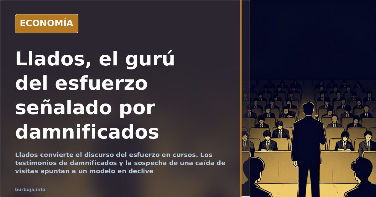 Ilustración editorial de un gurú de cursos online sobre una tarima dorada ante una multitud de seguidores en tonos azul marin