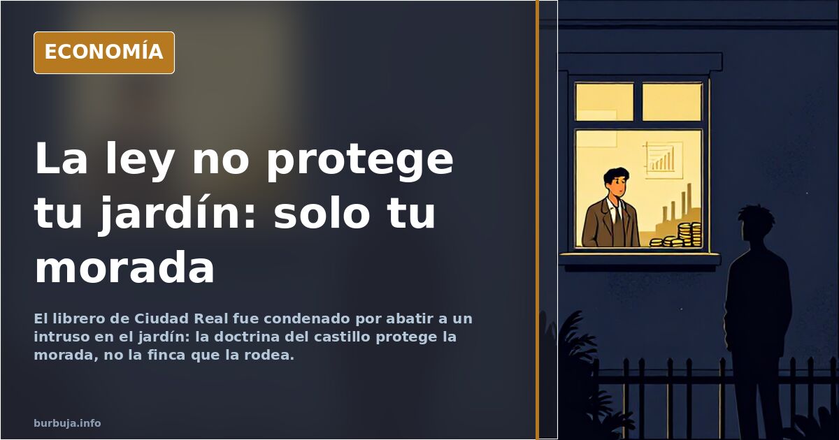 Ilustración editorial de una casa con jardín amurallado y doctrina del castillo, con gráficos dorados sobre fondo azul marino