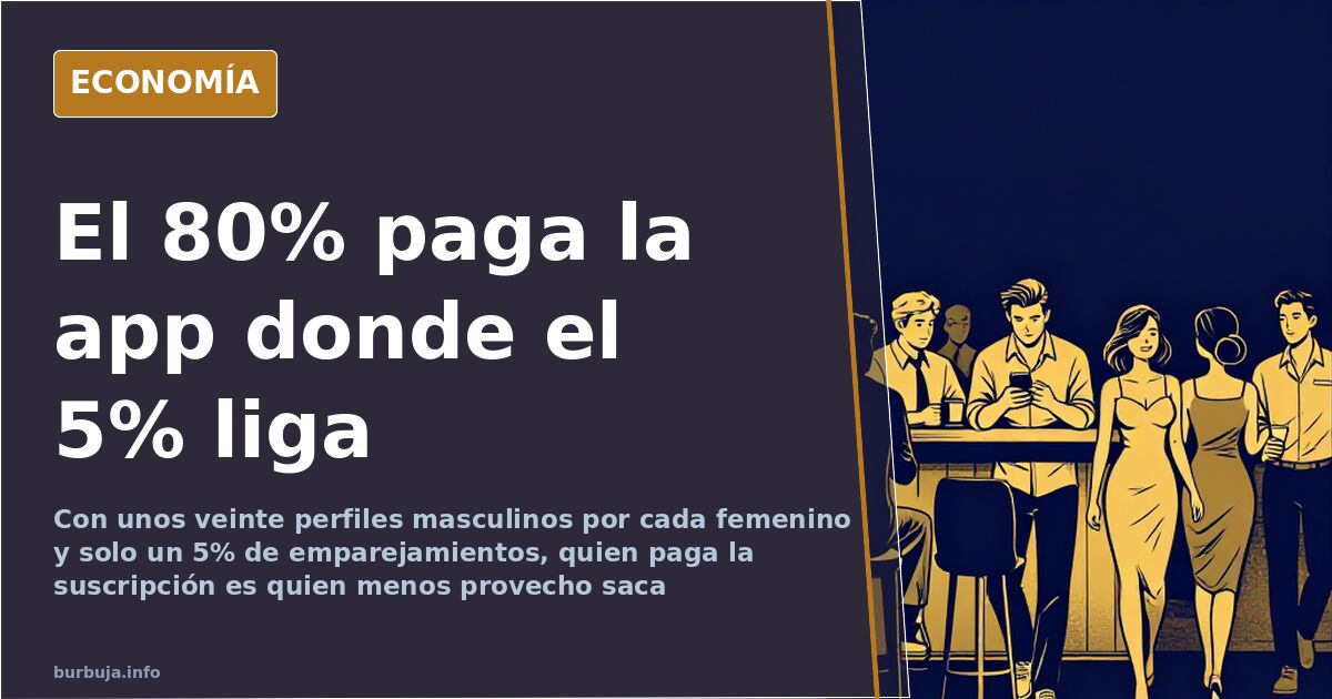 Ilustración editorial de una interfaz de aplicación de citas con una larga cola de perfiles masculinos y un único perfil feme