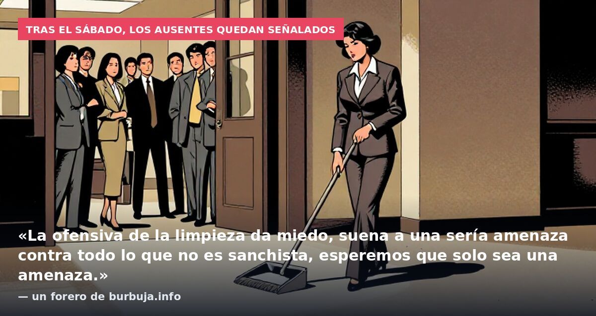Tras el sábado, los ausentes quedan señalados: «La ofensiva de la limpieza da miedo, suena a una sería amenaza contra todo lo que no es sanchista, esperemos que solo sea una amenaza.» — un forero de burbuja.info
