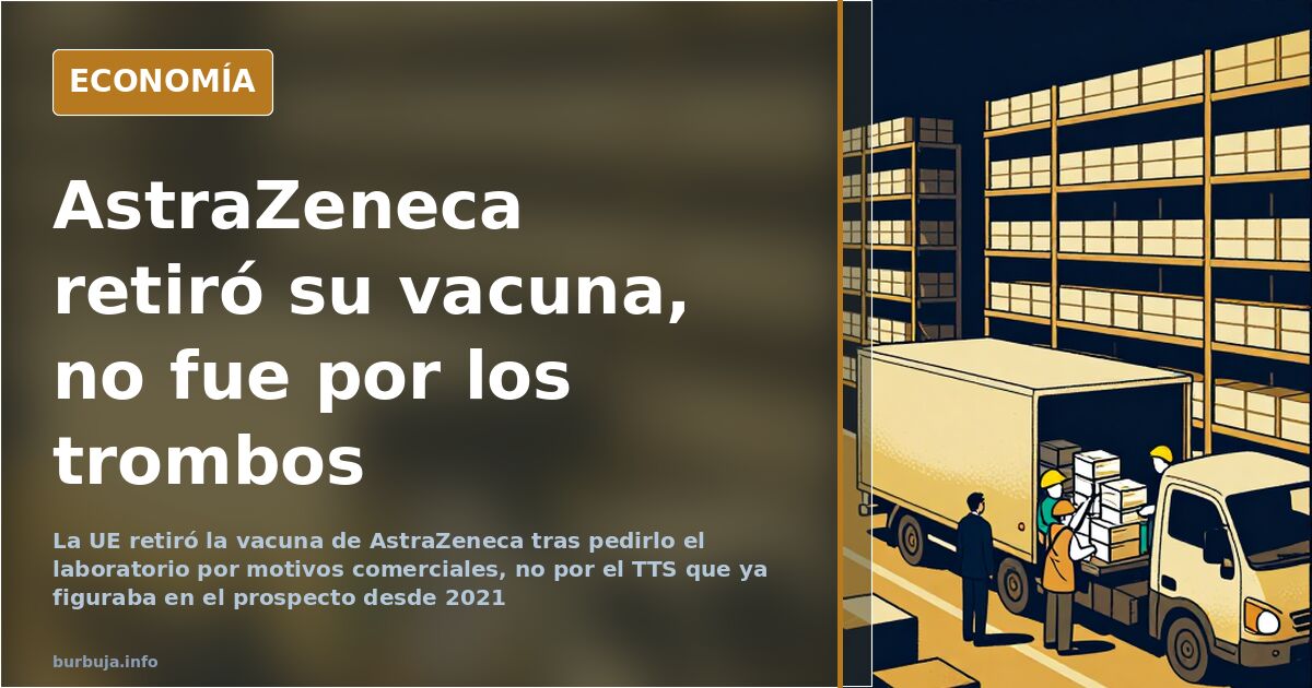 Ilustración editorial de un vial de la vacuna de AstraZeneca sobre fondo azul marino y dorado