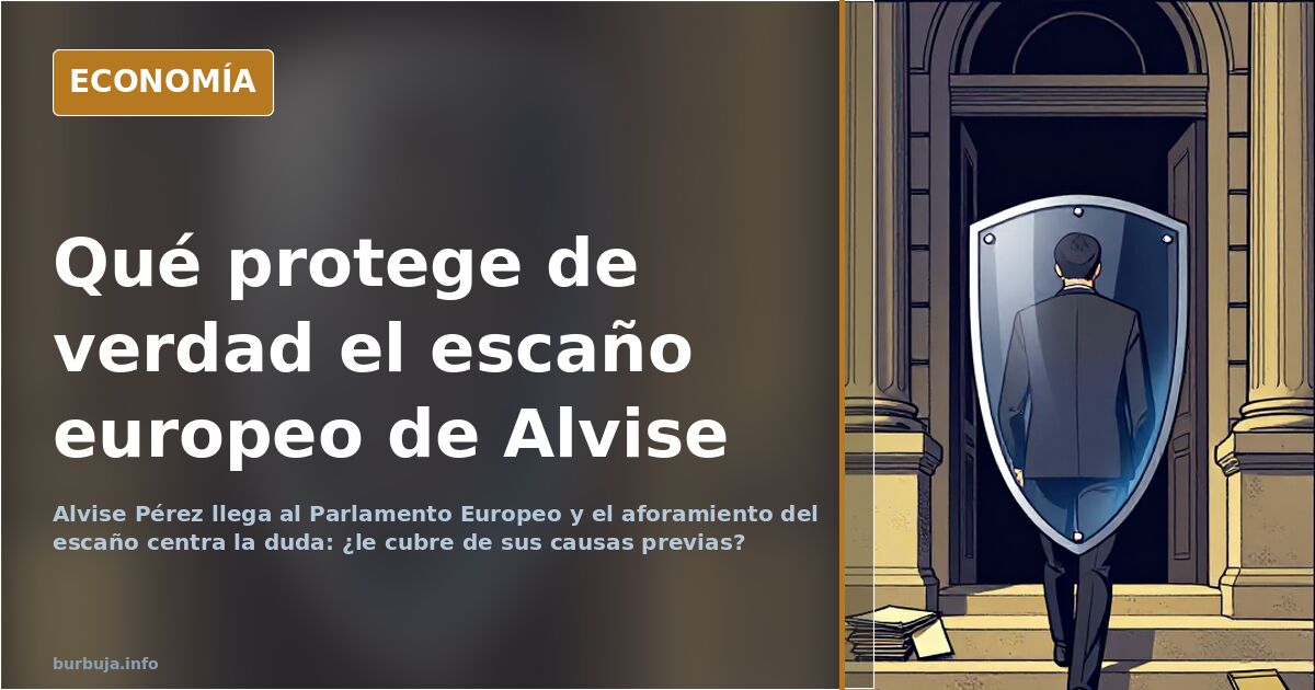 Hemiciclo del Parlamento Europeo con un escaño vacío y documentos sobre el aforamiento del eurodiputado Alvise Pérez