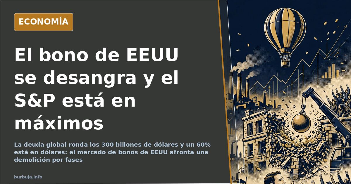Ilustración editorial con gráficos decrecientes sobre el porcentaje de deuda de EEUU en manos extranjeras