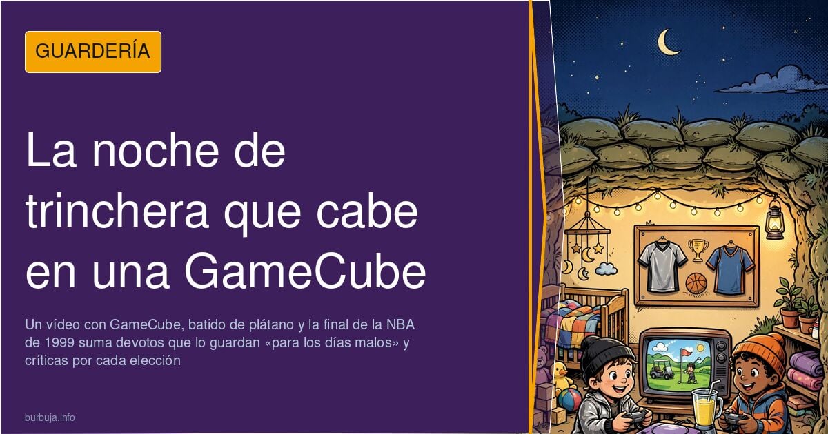 Ilustración de una noche retro con GameCube, batido de plátano y un partido de la NBA de 1999 en la televisión