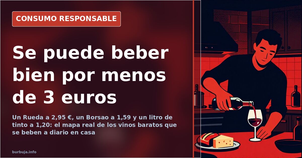 Botellas de vino barato alineadas en la estantería de un supermercado con la etiqueta de precio a la vista