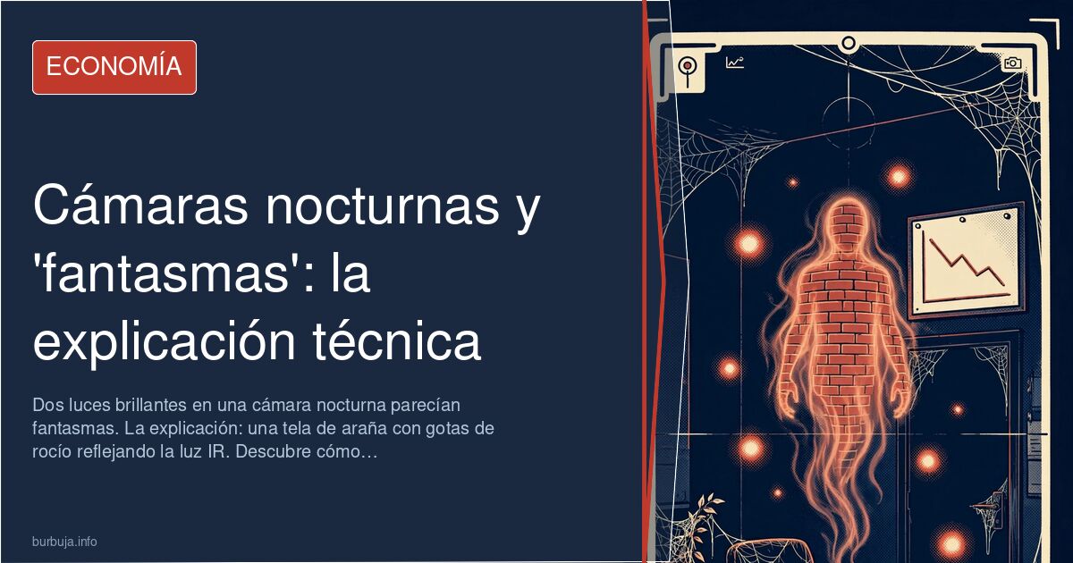 Imagen de una cámara de vigilancia nocturna mostrando dos puntos de luz brillantes en la oscuridad, con un hilo de araña visi
