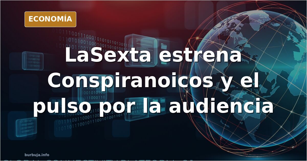 Plató de televisión nocturno con pantalla que muestra el rótulo Conspiranoicos y una silla de invitado vacía