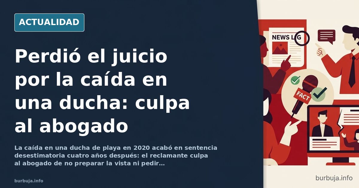 Escena de playa con una pasarela de madera hacia las duchas públicas y una ambulancia al fondo junto a la arena