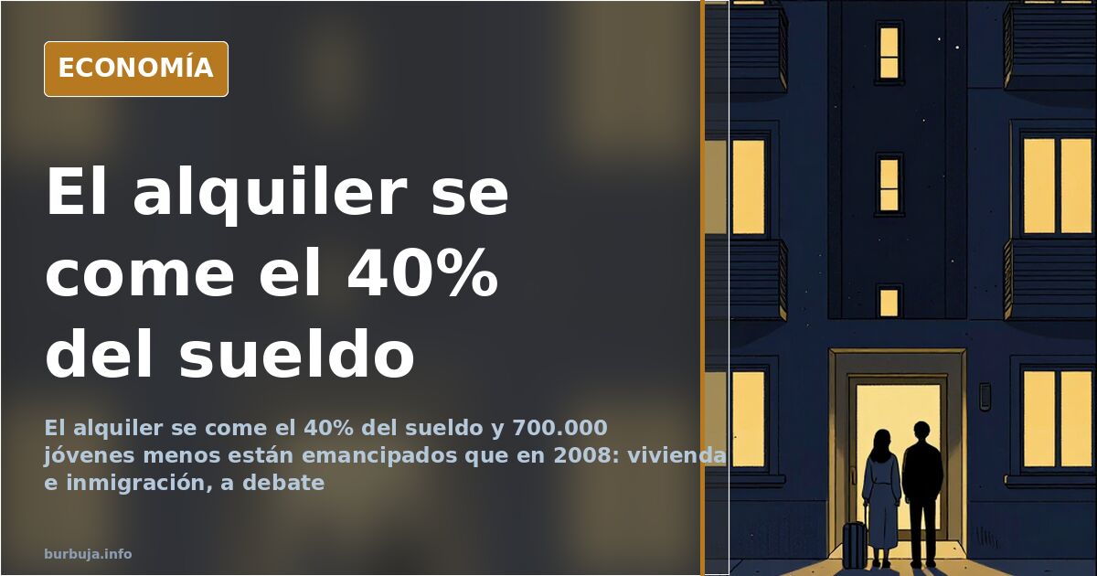 Edificios de vivienda apilados con carteles de alquiler en una ilustración que simboliza la crisis de la vivienda en España y