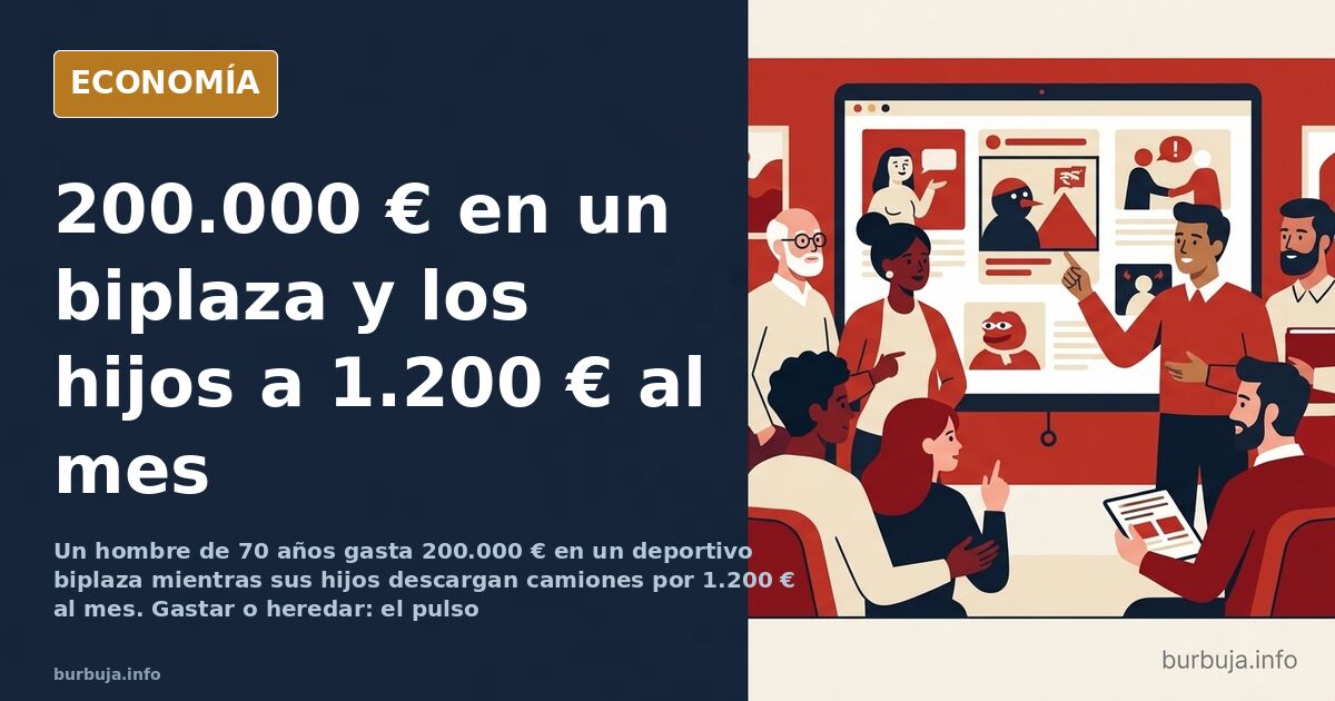 Ilustración editorial de un deportivo biplaza frente a un camión de reparto, con billetes y fondo azul marino y dorado