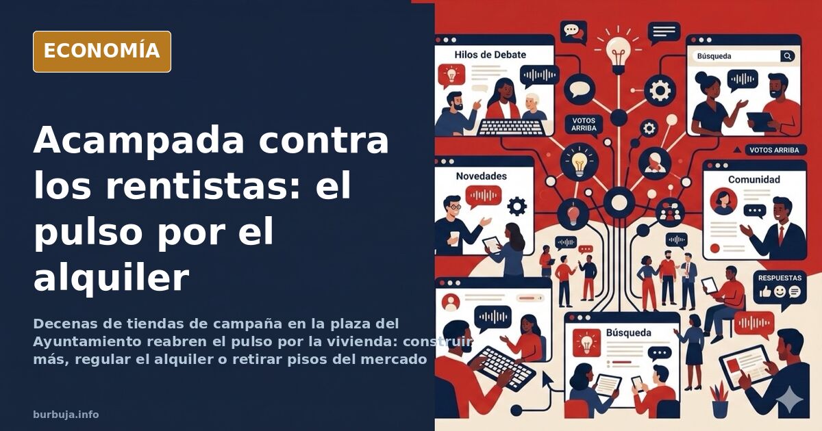 Tiendas de campaña instaladas de noche en una plaza urbana durante una acampada por el precio de la vivienda