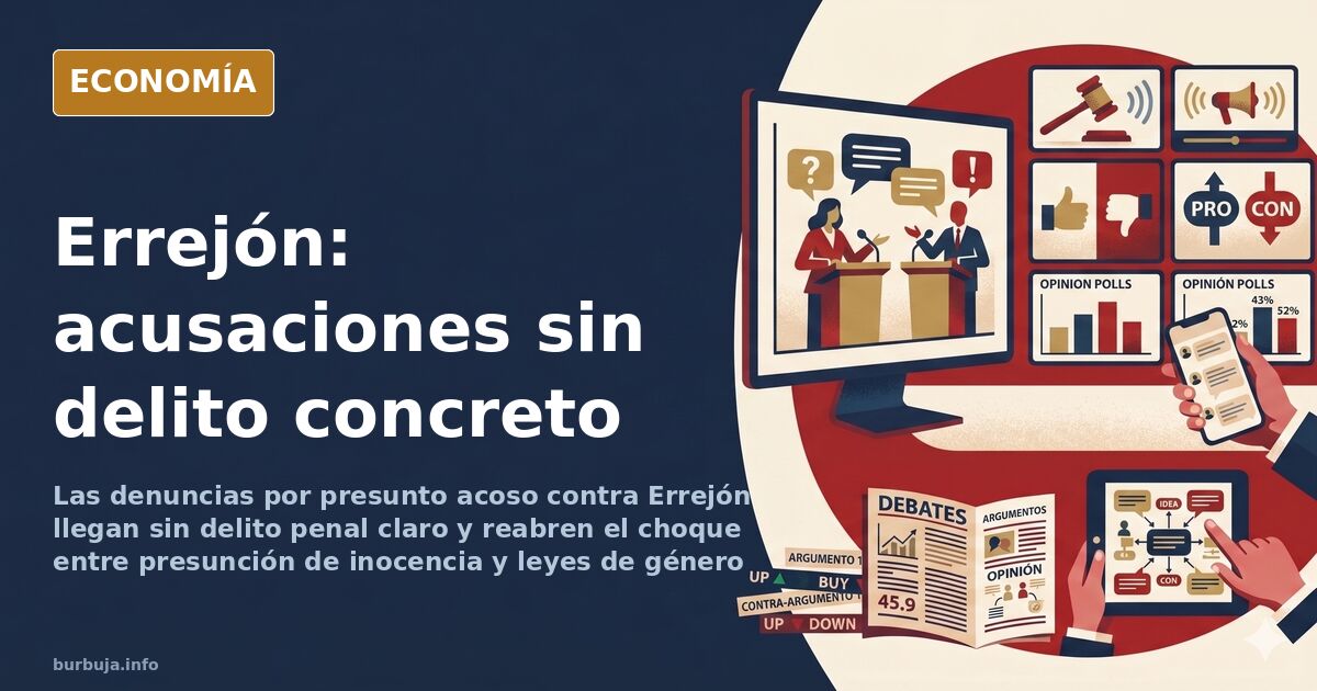 Ilustración editorial de una mesa con micrófonos y documentos de denuncia en tonos azul marino y dorado