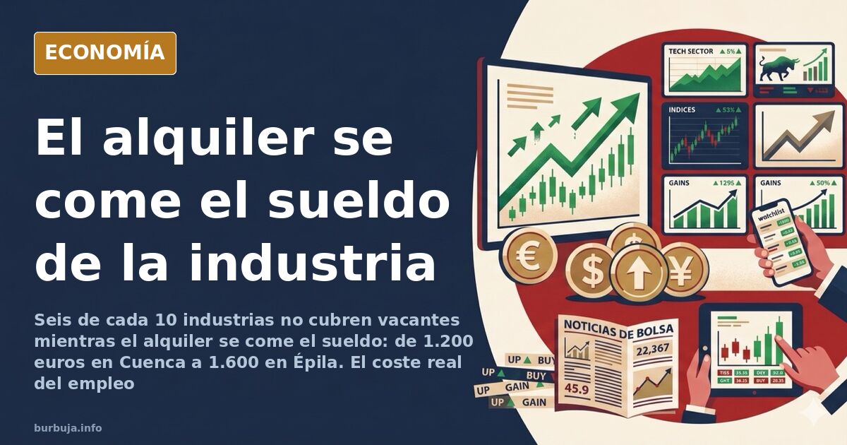 Nave industrial con chimeneas al fondo y una fila de pisos de alquiler vacíos, ilustración sobre la falta de trabajadores en 