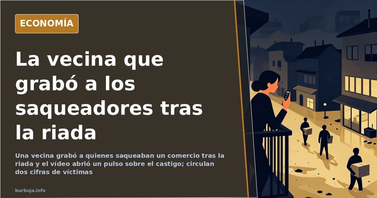 Calle inundada con comercios saqueados tras la riada y una vecina grabando con el móvil a los saqueadores