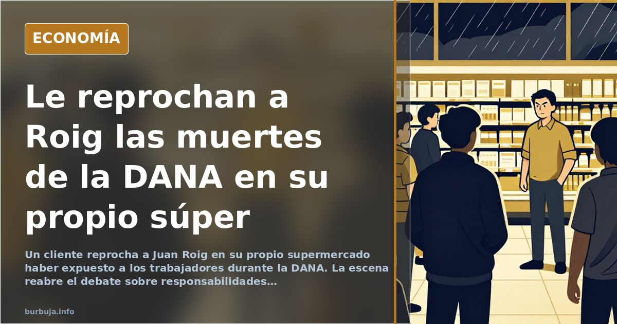 Ilustración editorial de un supermercado con un cliente encarado al empresario Juan Roig durante la gestión de la DANA