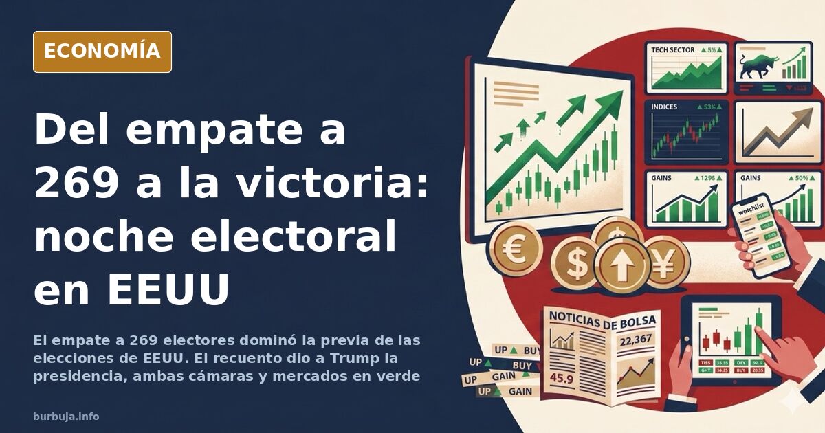 Ilustración de un mapa electoral de EEUU con papeletas apiladas y una pantalla de cotizaciones durante el recuento de las ele