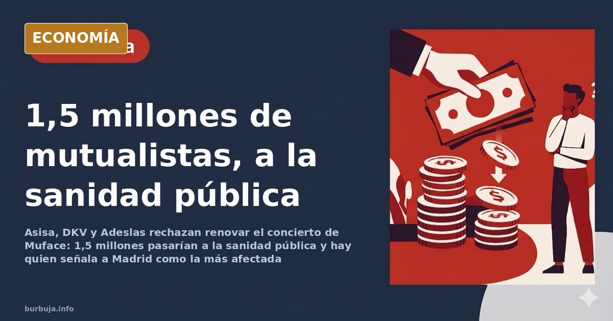 Ilustración editorial de un edificio de sanidad pública con una larga fila de personas esperando su turno en la puerta