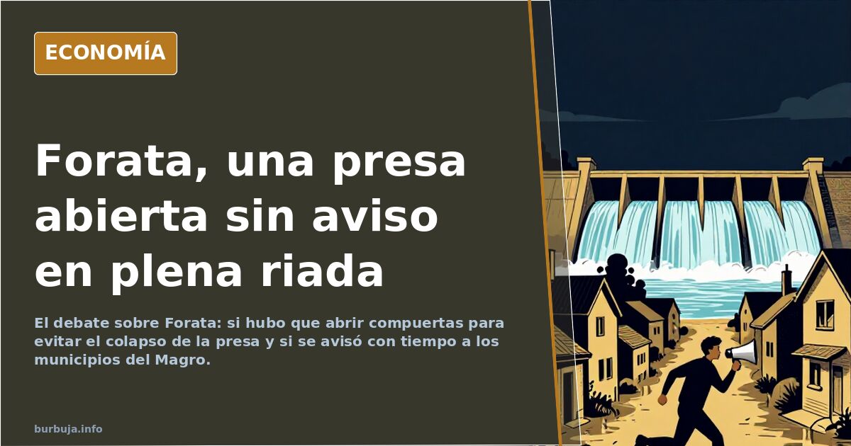 Ilustración editorial de una presa liberando agua por las compuertas sobre un cauce desbordado, con la cuenca del río Magro a